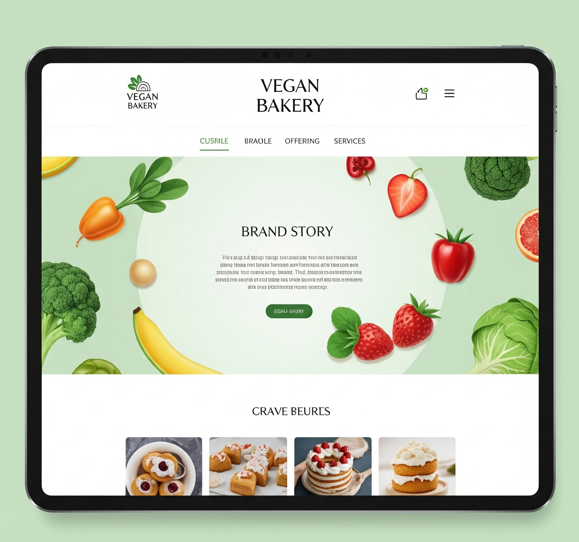 Custom website design reflecting a vegan bakery’s brand