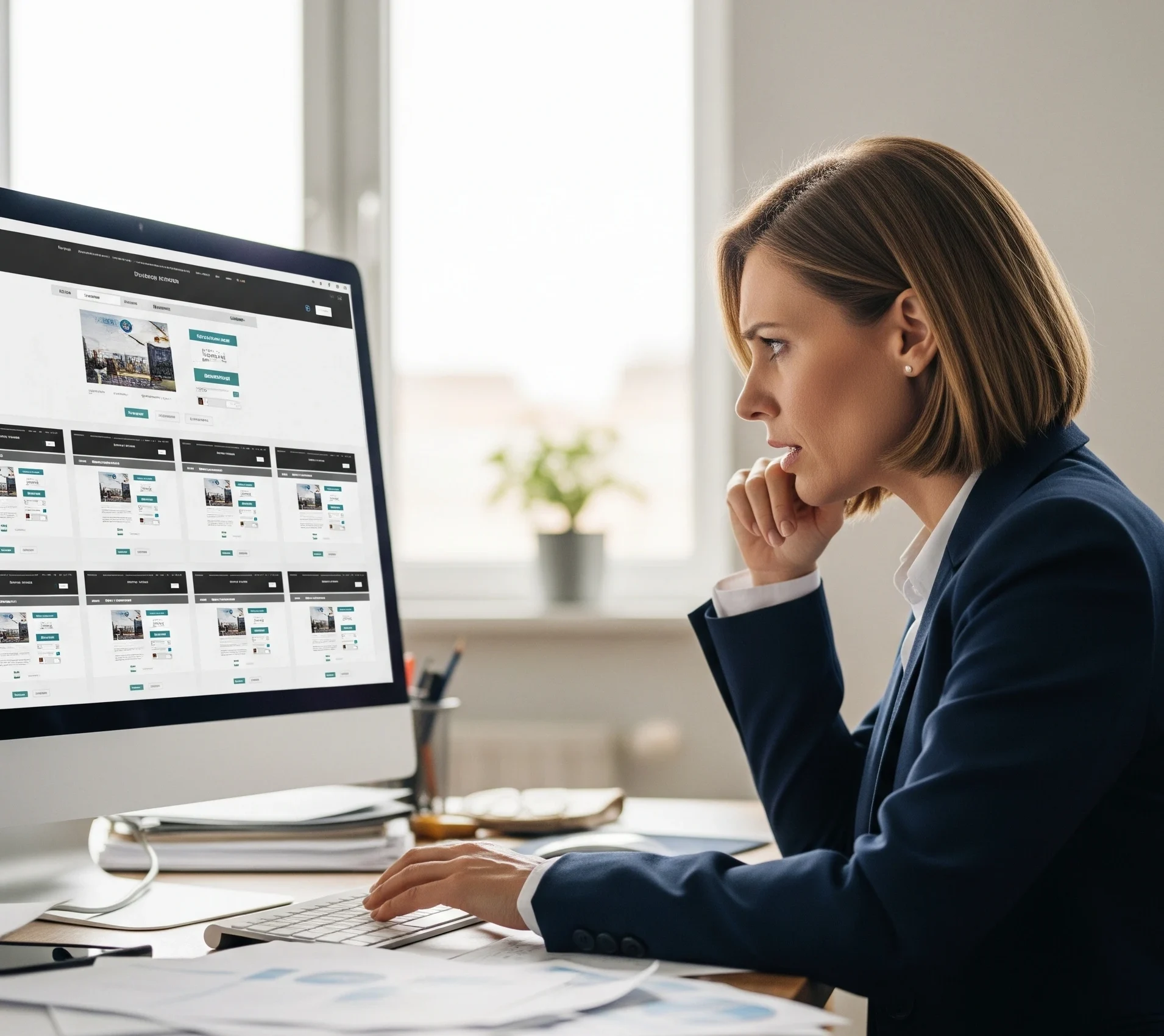 Frustrated user scrolling through generic website templates