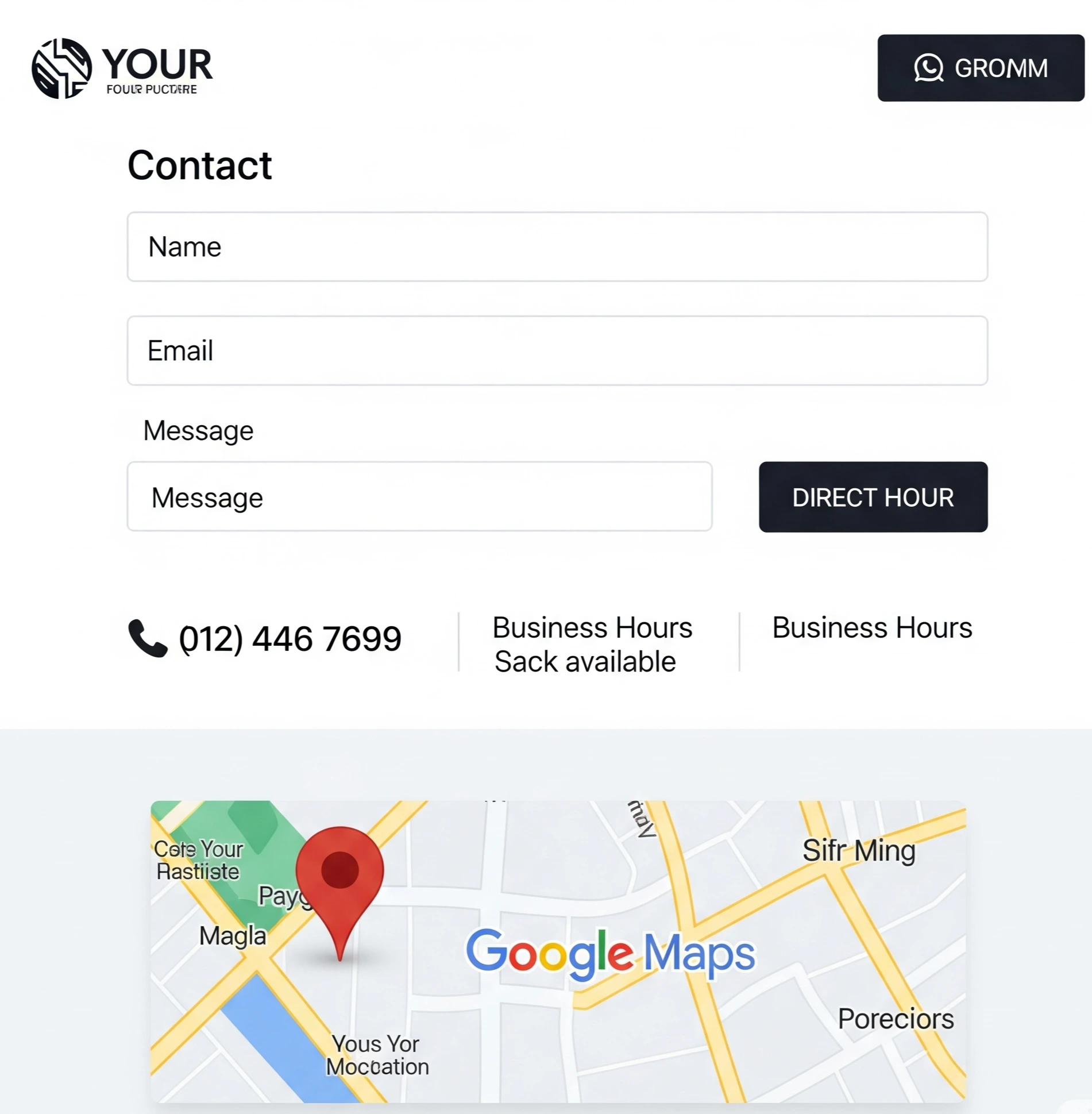 website features clear contact section with phone number, map, and email