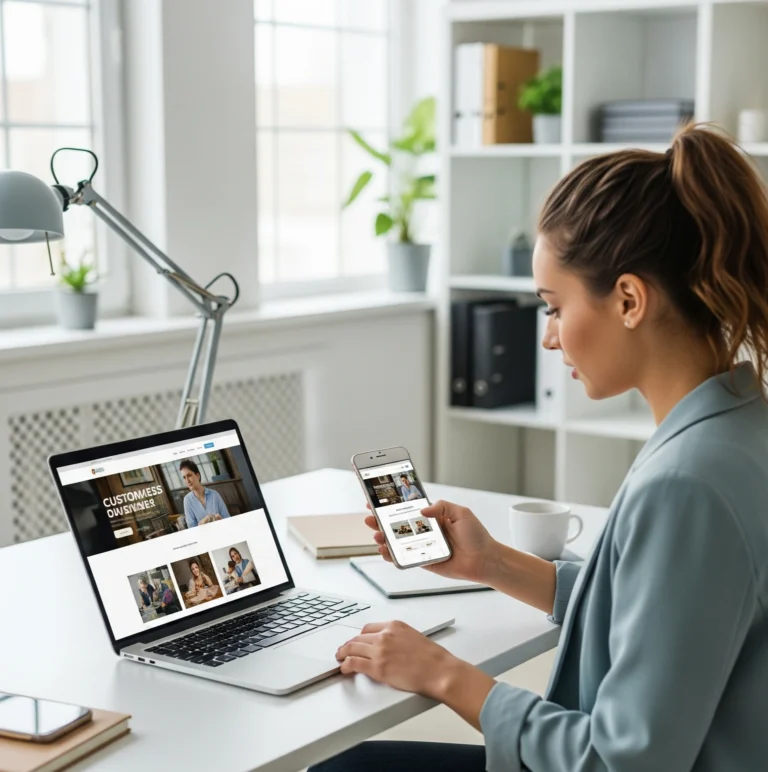 Business owner reviewing their custom website design on a laptop
