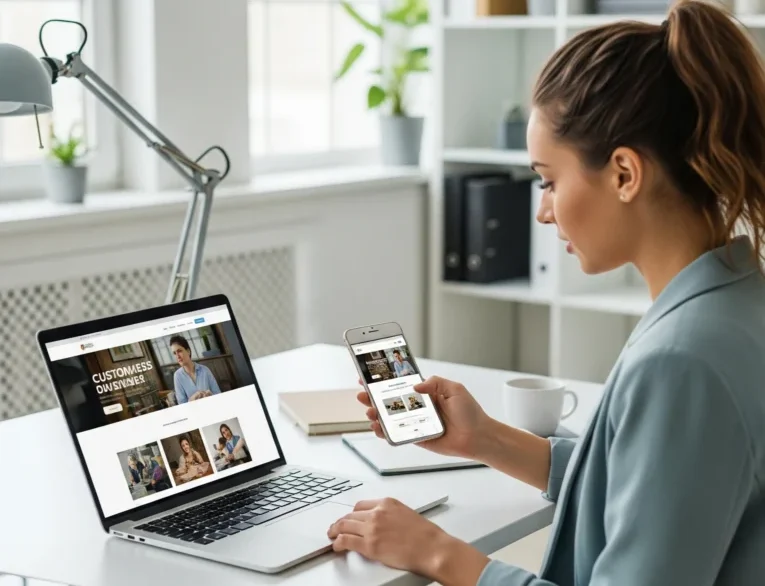 Business owner reviewing their custom website design on a laptop