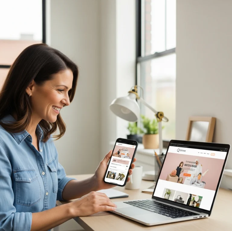 small business owner reviewing important website features on a laptop